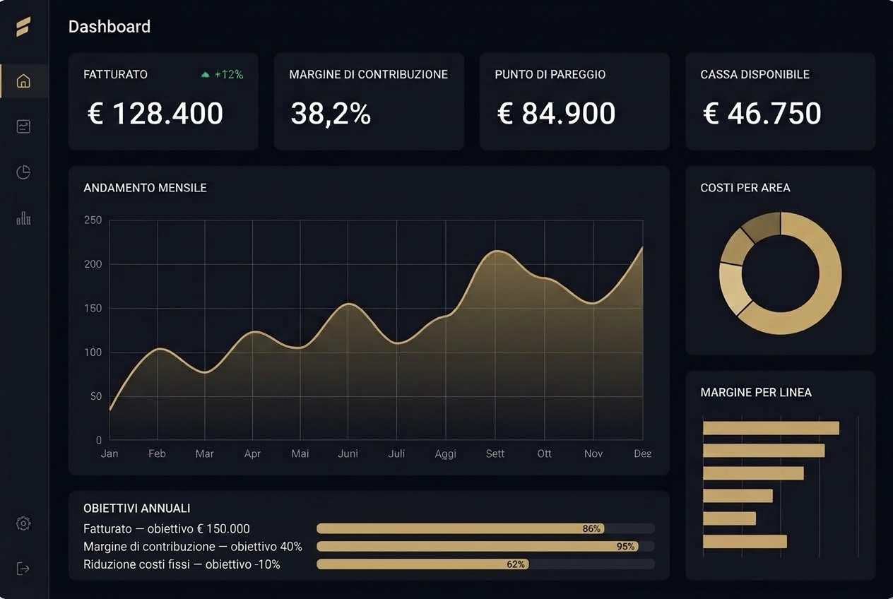 Anteprima del pannello di controllo direzionale: KPI, andamento mensile, obiettivi annuali con avanzamento, margini e cassa della tua azienda